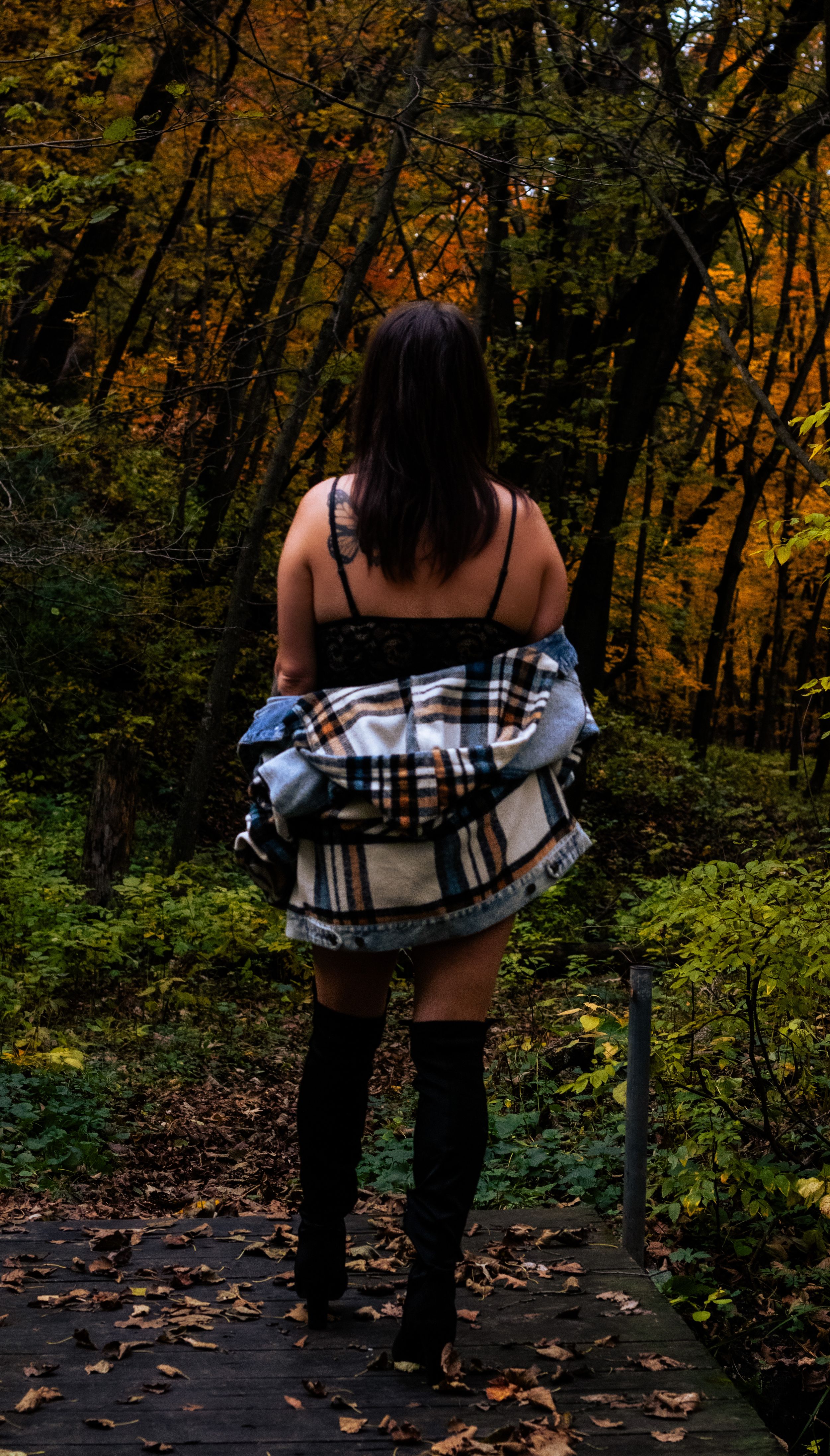 Person in black dress and plaid jacket walks through autumn forest path with orange and yellow fall foliage.