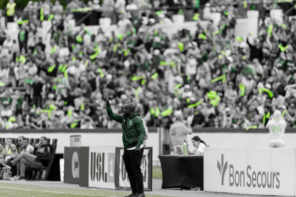 Black and white photo of a soccer stadium crowd with selective green coloring.