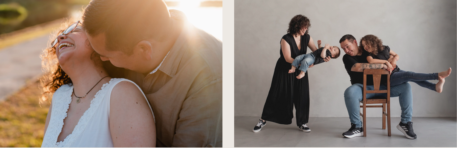 Romantic couple embracing at golden hour sunset, woman laughing joyfully as man kisses her cheek outdoors.