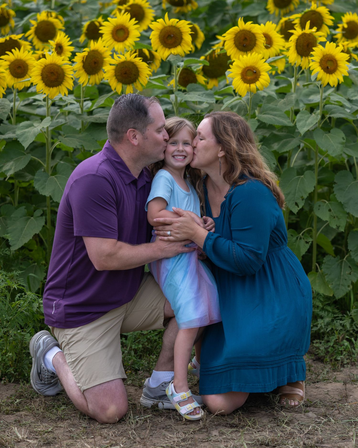 Family of three sharing kisses in a sunflower field, parents kissing smiling girl's cheeks outdoors.