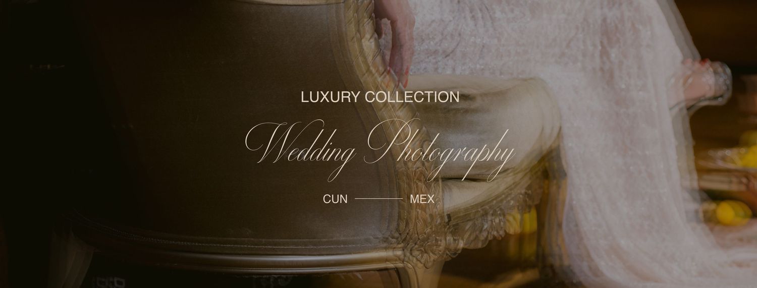Luxury wedding photography collection banner featuring an elegant bride in a flowing white gown.
