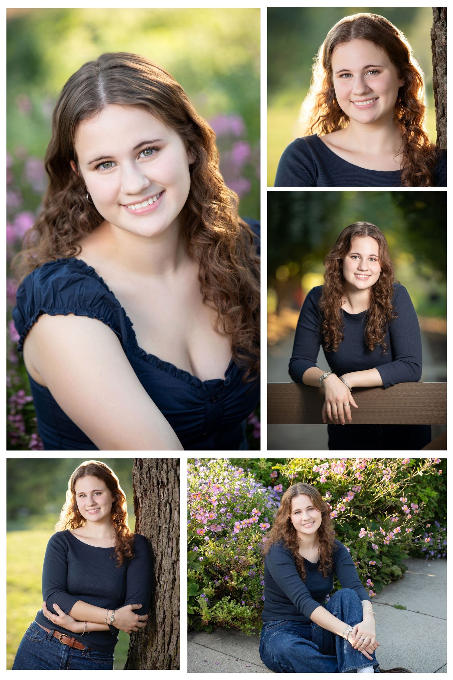 Outdoor Upper Arlington senior portraits at Community Gardens with colorful flowers, soft light, and a beautiful garden backdrop.