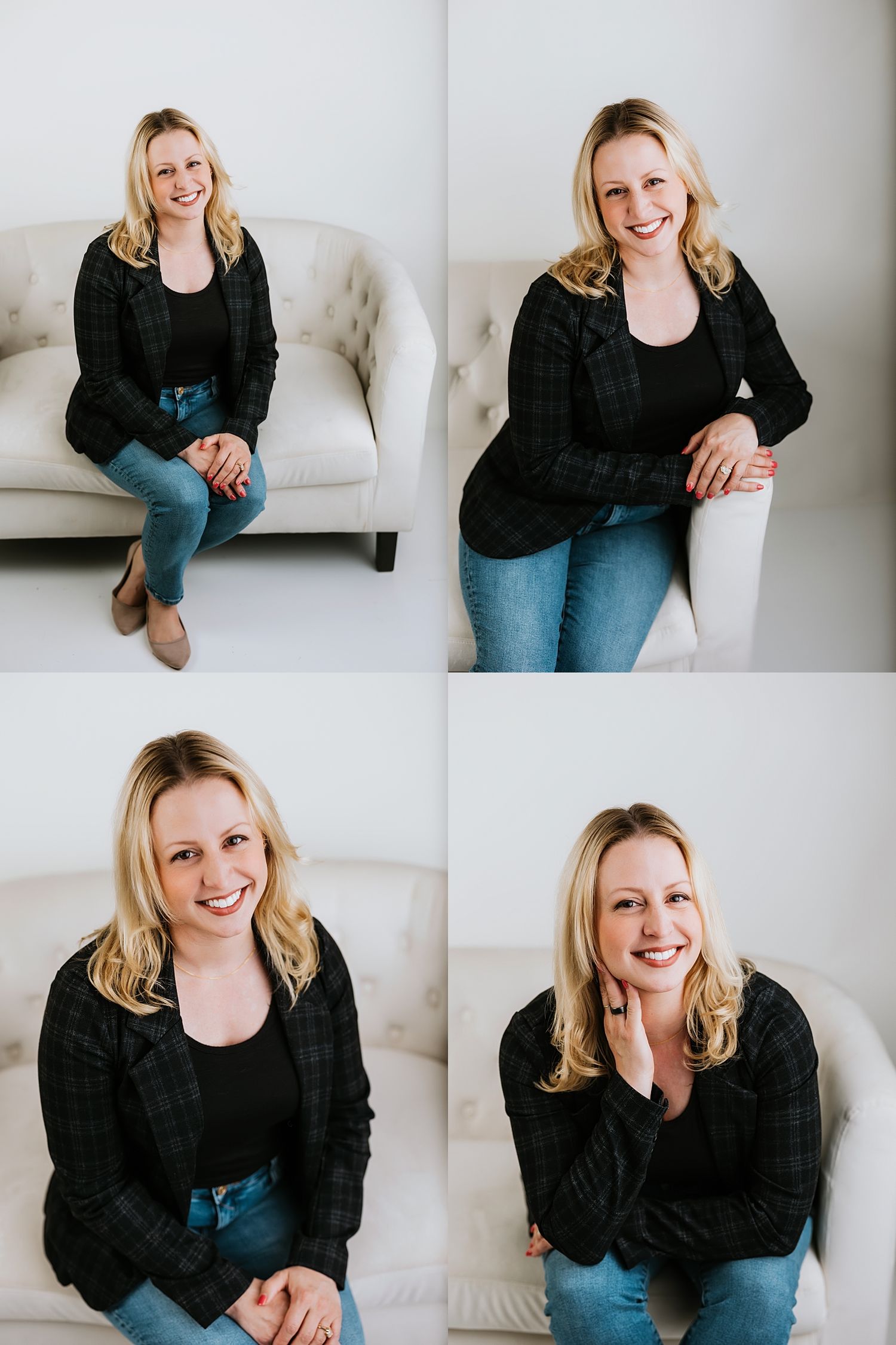 Smiling blonde woman in black cardigan and jeans posing for professional headshots on a white couch in a bright studio.