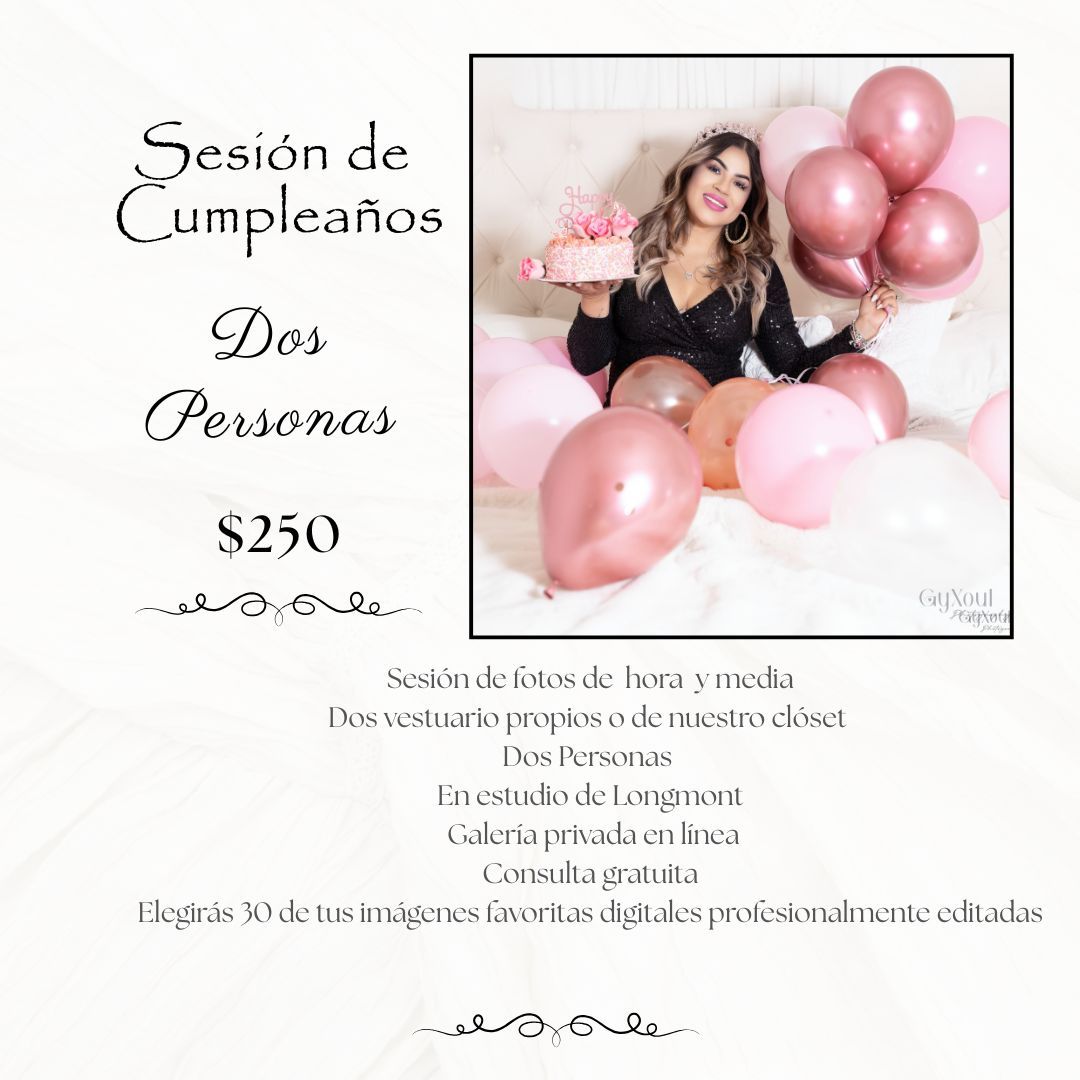 Woman posing with pink and rose gold balloons for a birthday photo session promotion priced at $250 for two people.