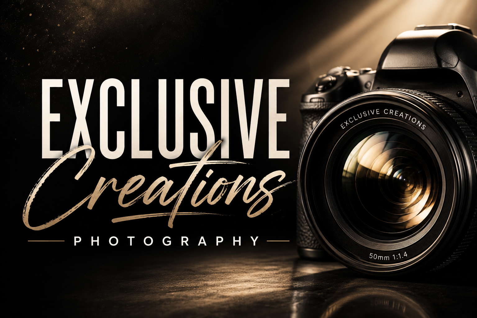 Exclusive Creations Photography logo with a professional DSLR camera on a dark golden background.