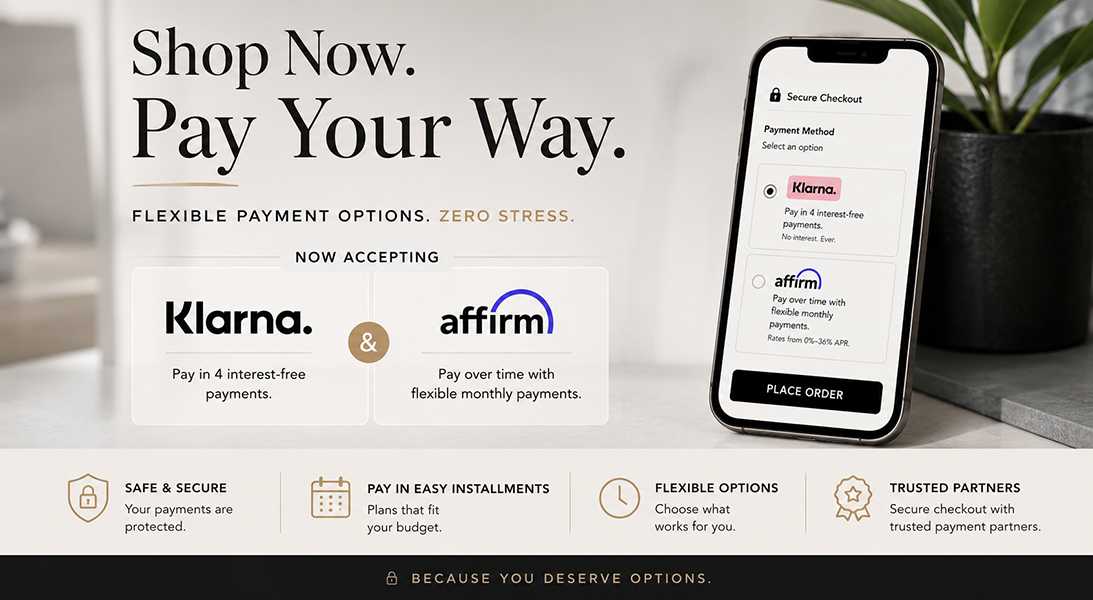Shop now, pay your way with flexible payment options including Klarna and Affirm, displayed on a mobile checkout screen.