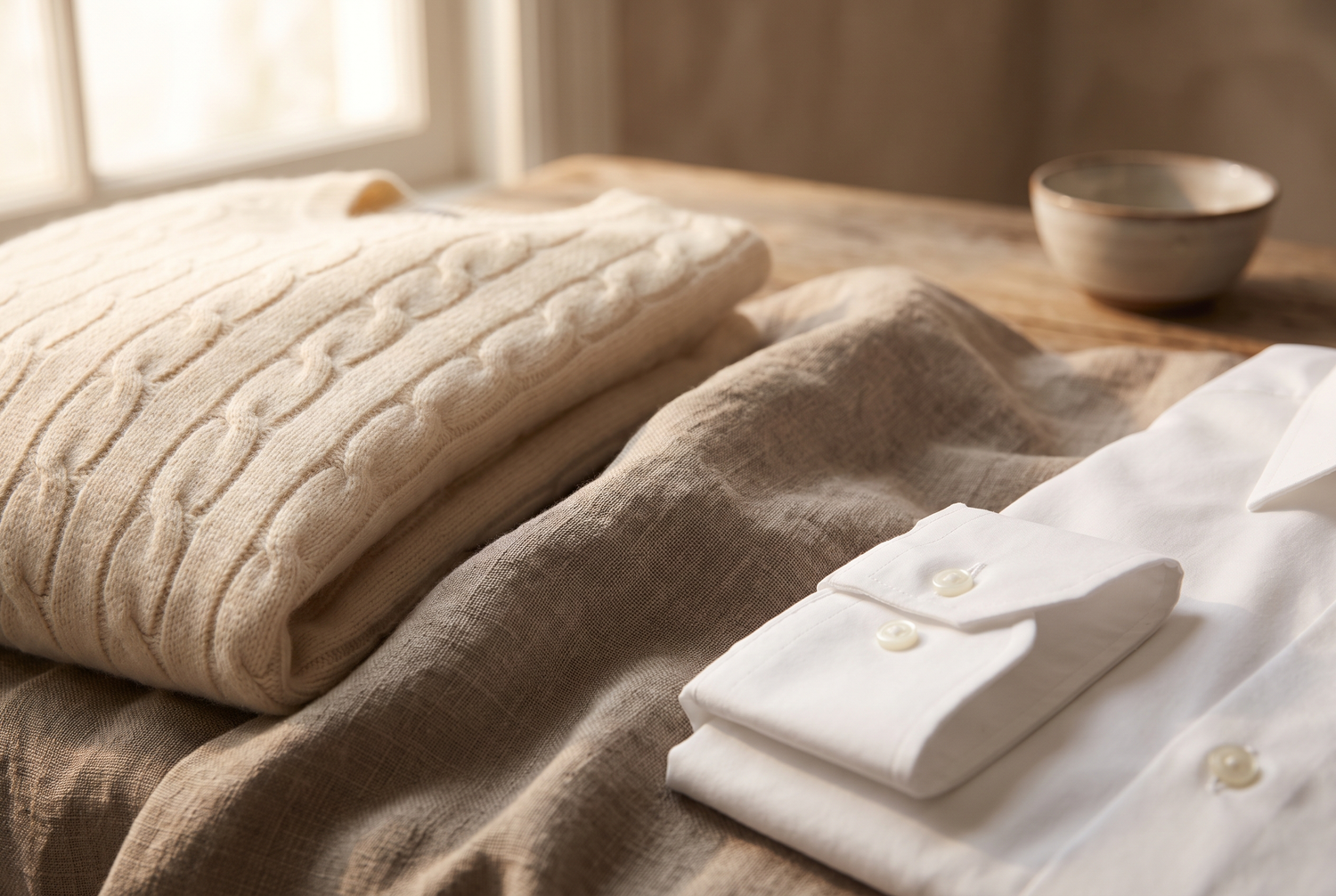 Neatly folded beige cable-knit sweater, linen blanket, and white dress shirt on a wooden surface.