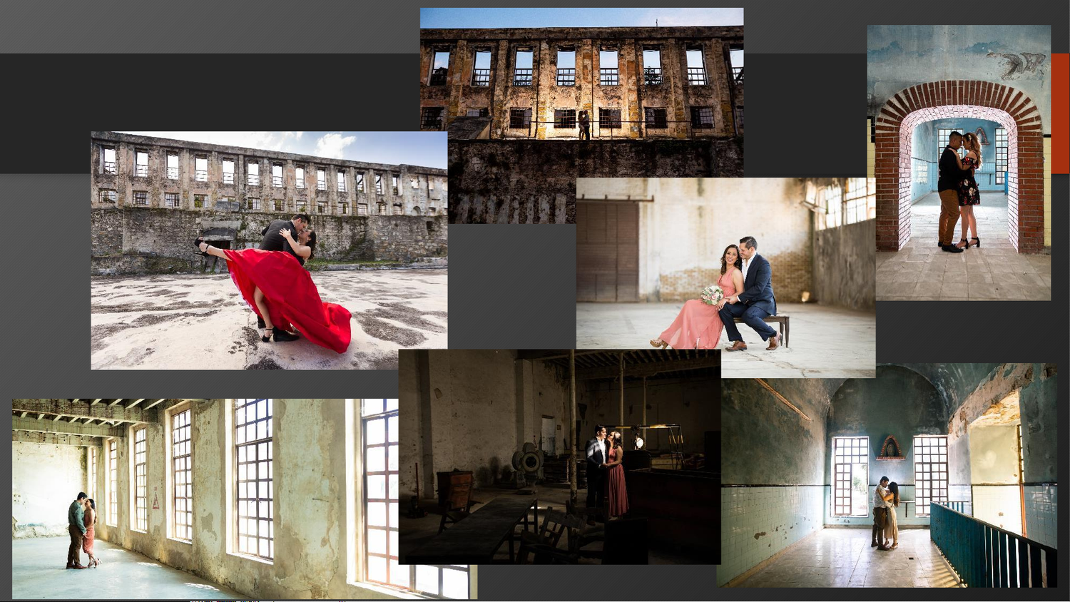 Romantic couple engagement photo collage at historic ruins and industrial warehouse locations with dramatic lighting.
