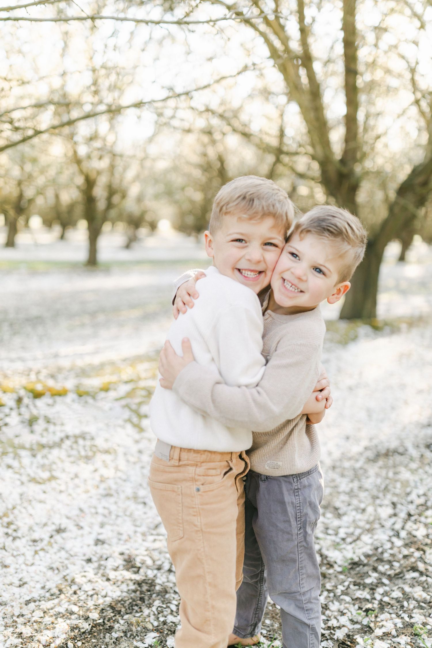 Two young boys hugging and smiling outdoors in a sunlit orchard with white blossoms on the ground.