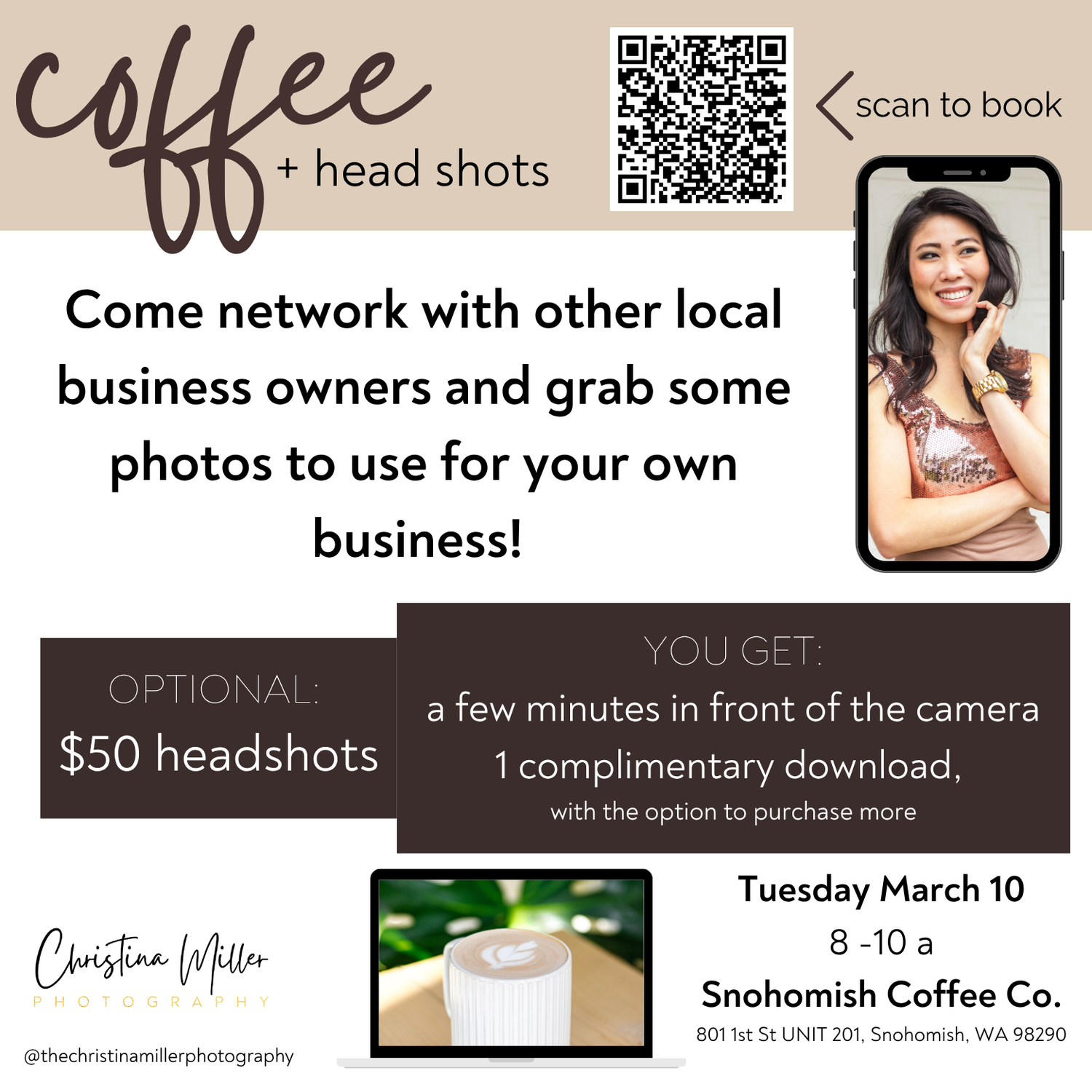 Coffee and headshots networking event flyer for local business owners at Snohomish Coffee Co. on March 10, 8-10am.