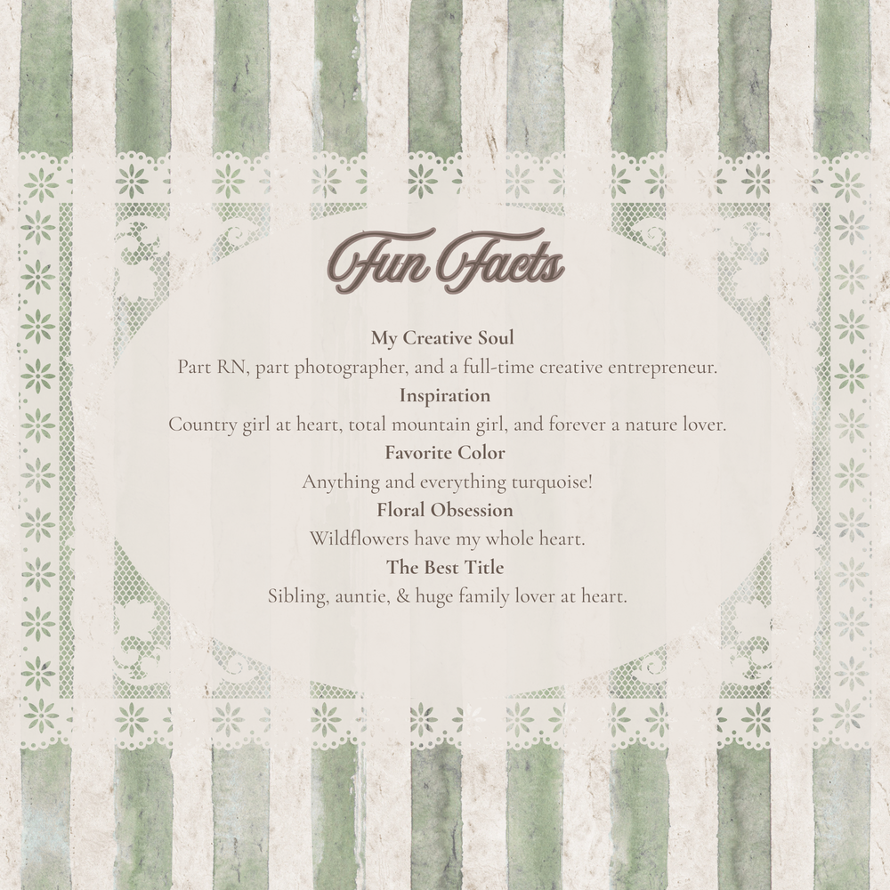 Fun Facts card with green watercolor background listing creative soul, wildflower obsession, and family lover traits.
