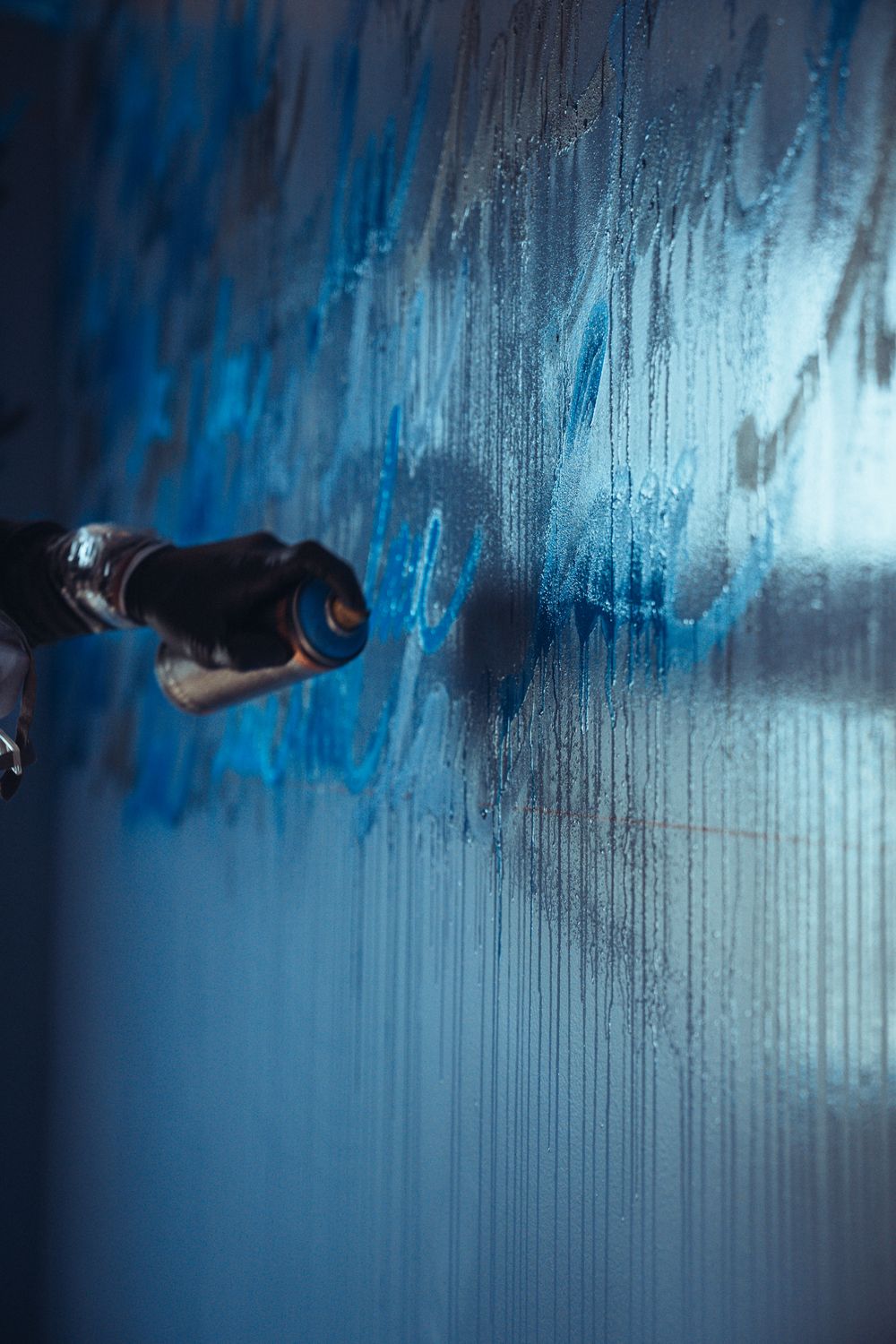 A spray can applying blue graffiti paint on a wet wall, creating abstract streaks in dark moody tones.