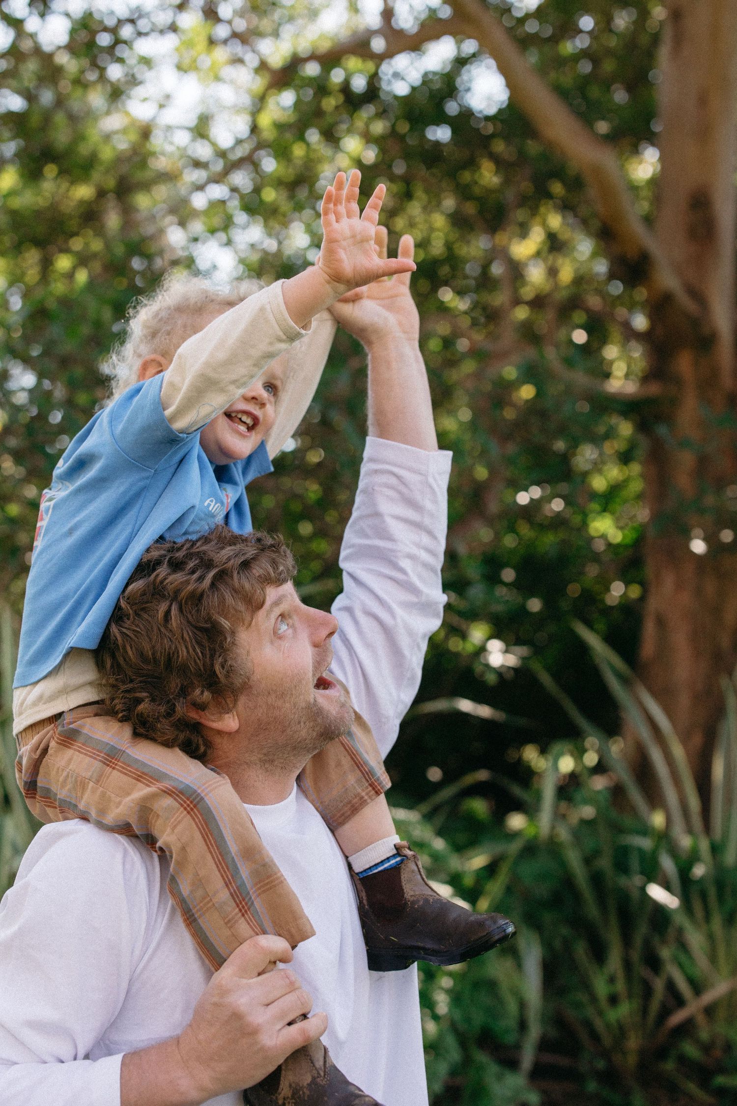 boy siting on fathers shoulders
