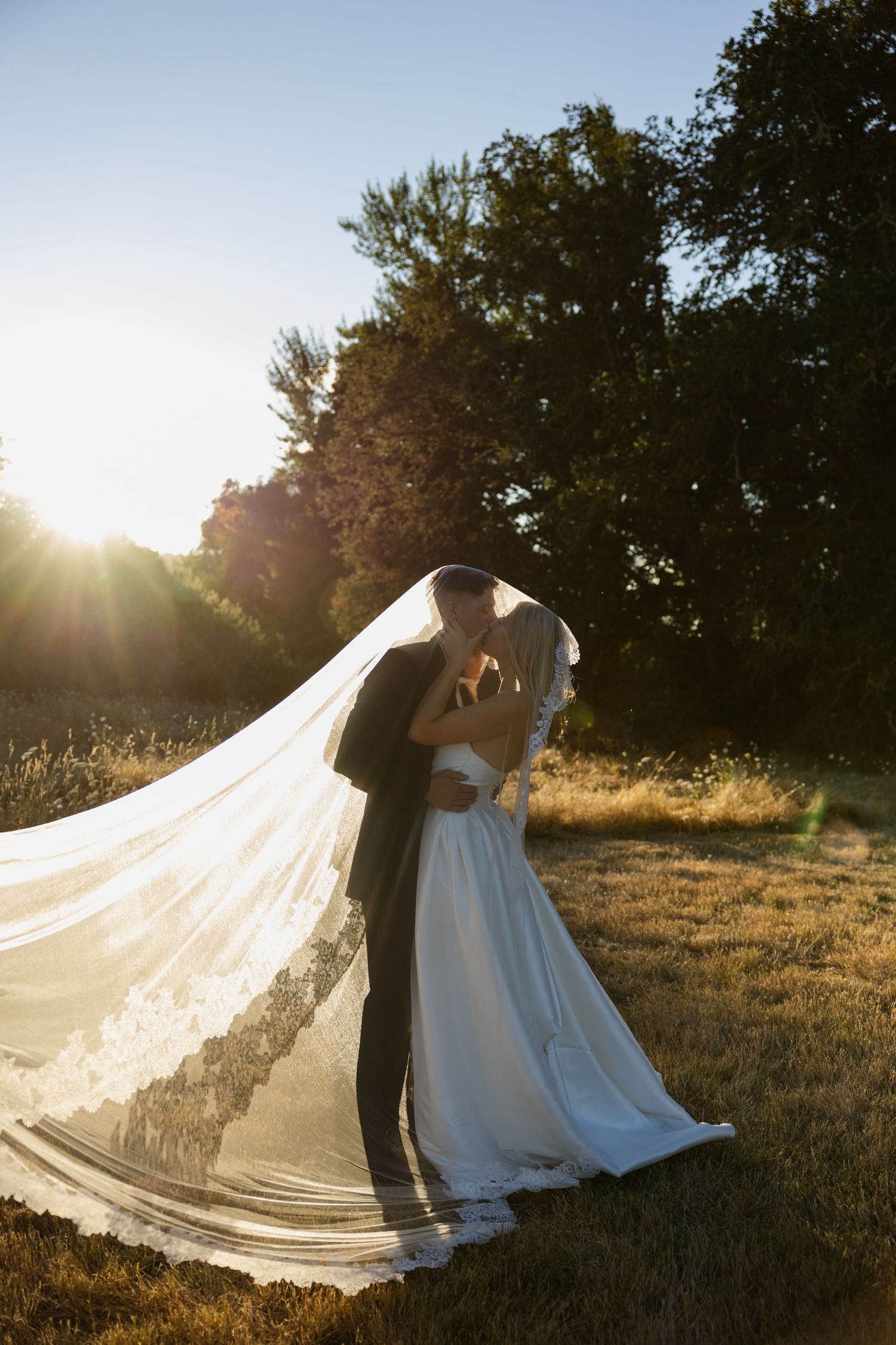 Bride and groom kissing at golden hour, with lace veil flowing in the wind against a sunlit outdoor backdrop.