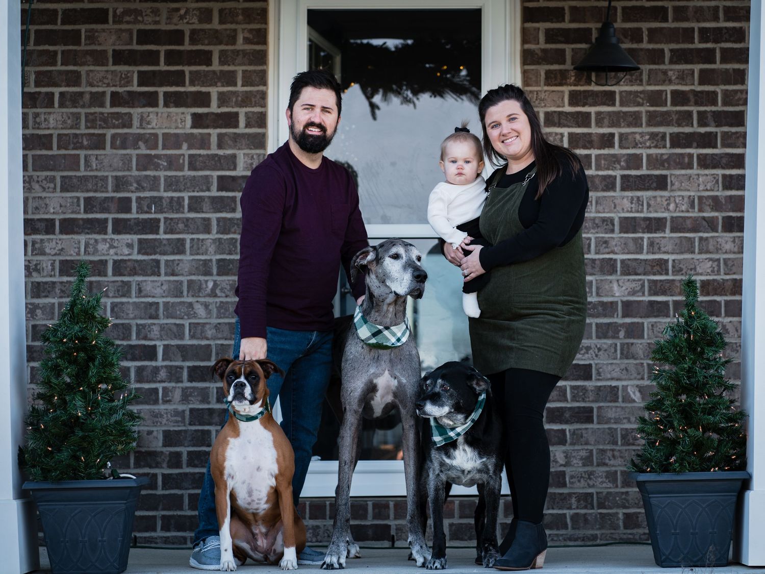 Family portrait with two adults holding baby and three dogs on brick home porch with holiday decor.