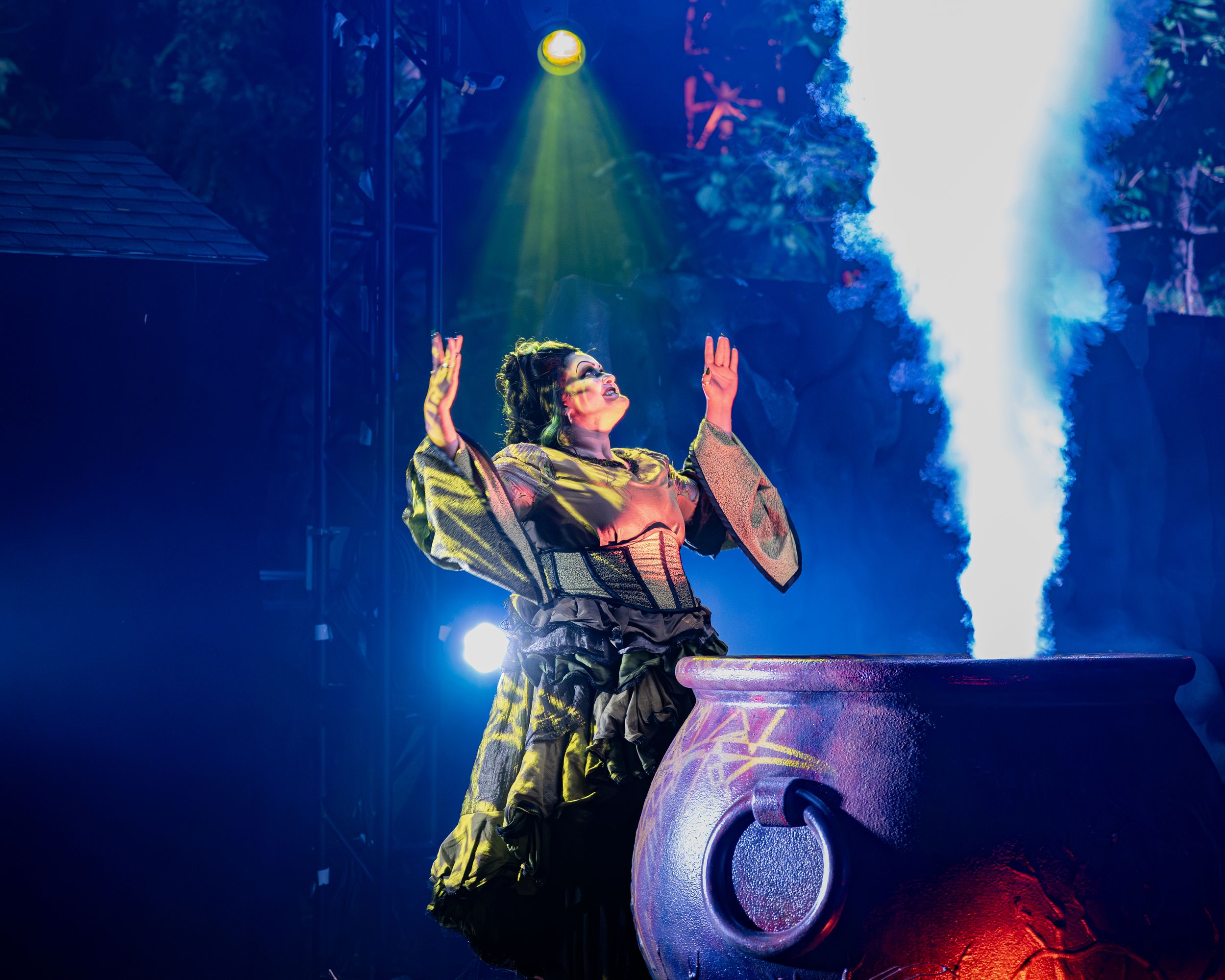 Performer in elaborate costume on stage with dramatic lighting, smoke effects, and raised hands during live show.
