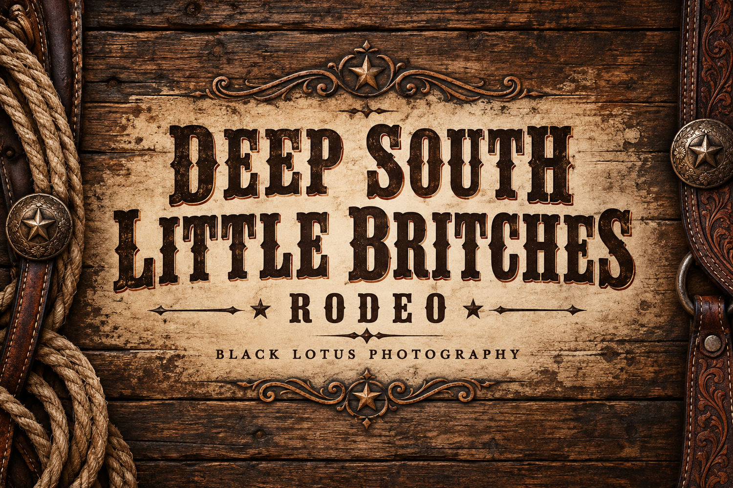 Rustic wooden sign for Deep South Little Britches Rodeo by Black Lotus Photography with western leather and rope decor.