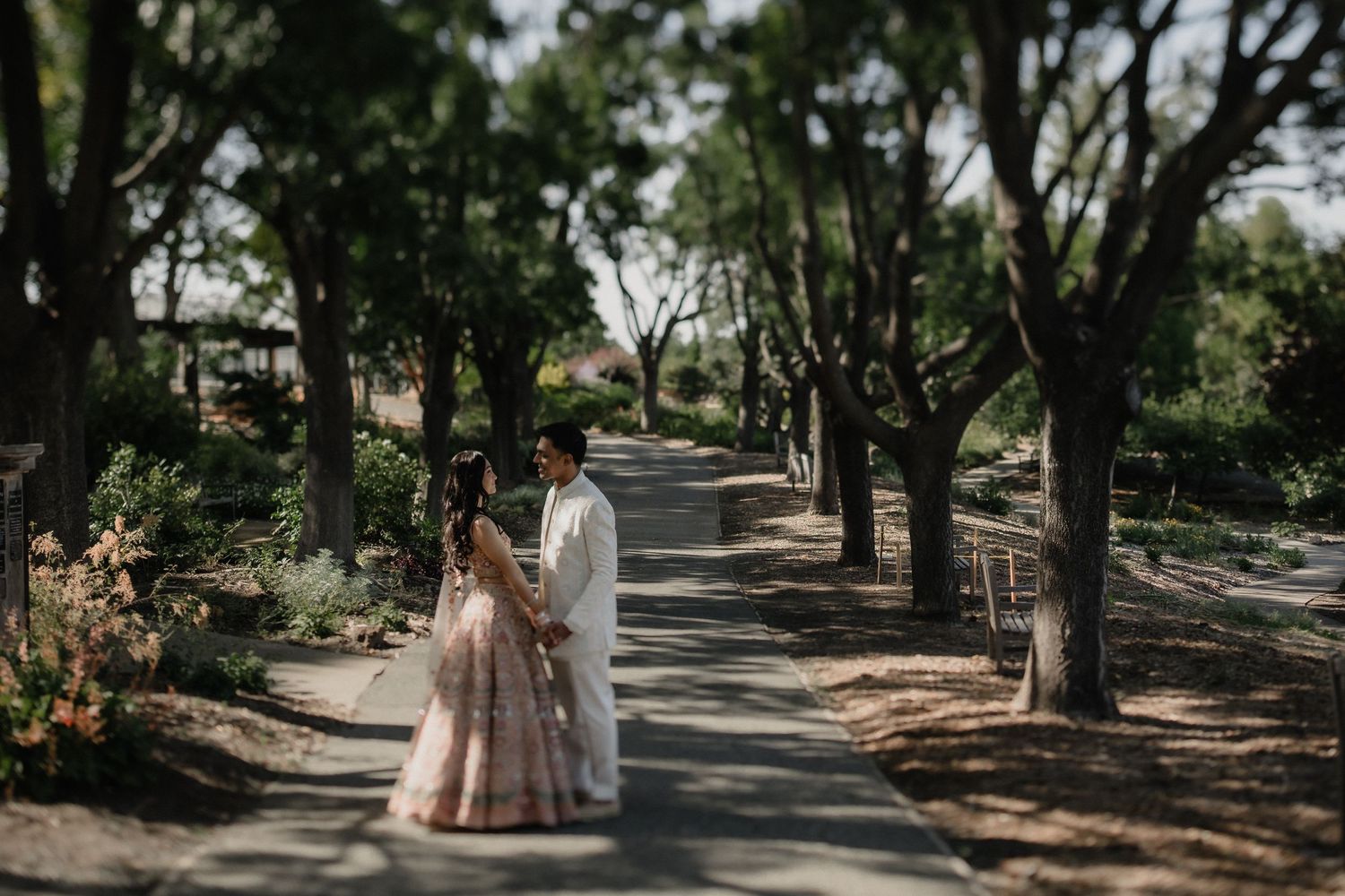 Couple in traditional attire holding hands on a tree-lined garden path on their wedding day.