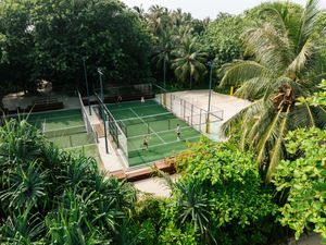 Aerial view of two green padel tennis courts surrounded by lush tropical palm trees and vegetation.