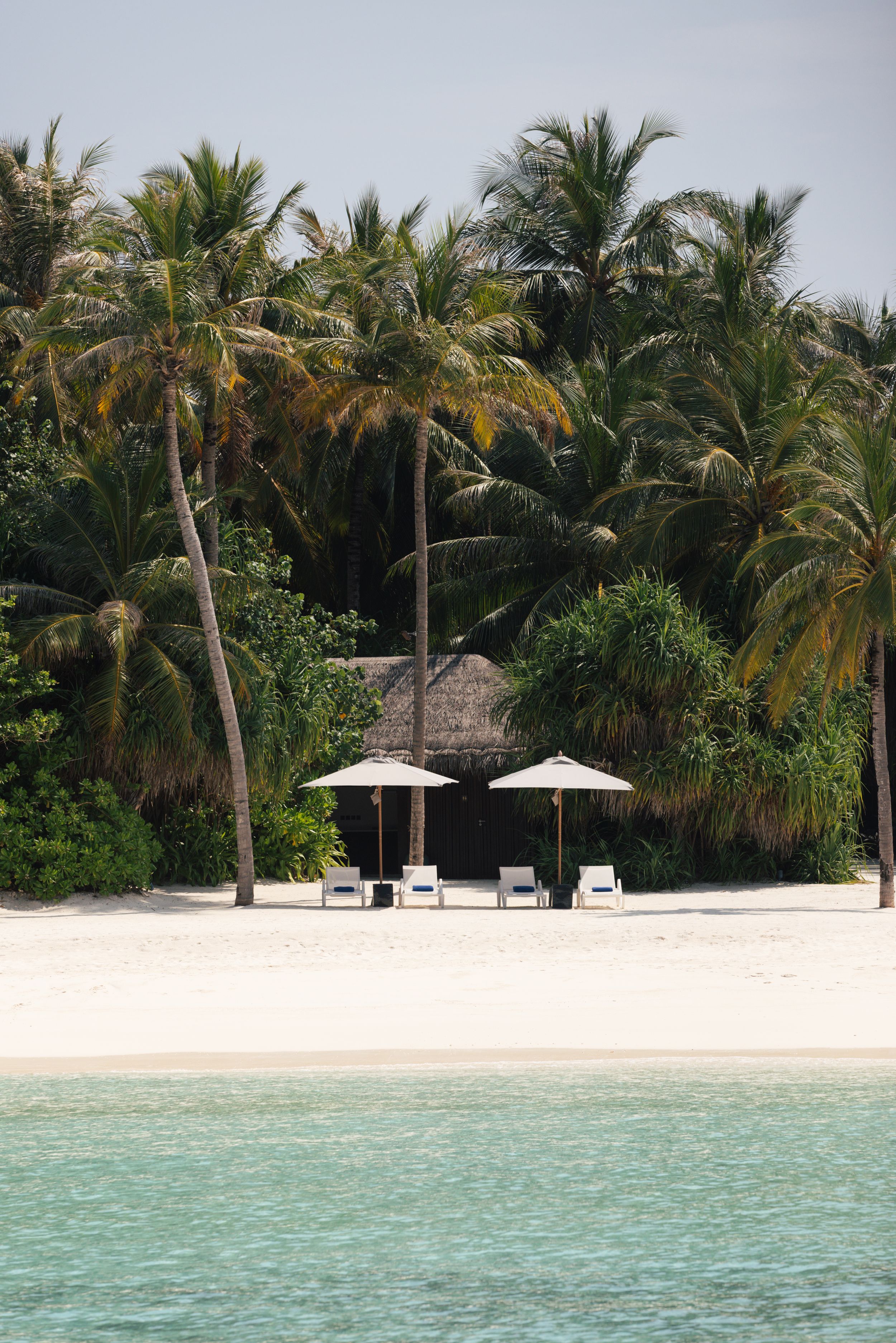 A secluded tropical beach with white sand, palm trees, lounge chairs, and two umbrellas by turquoise water.