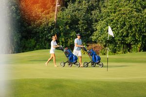 Two golfers walking on a lush green golf course with blue pull carts near a flag pin on a sunny day.