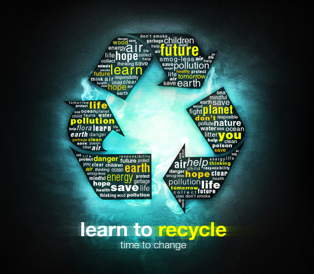 Word cloud recycle symbol with environmental terms, learn to recycle time to change motivational poster.