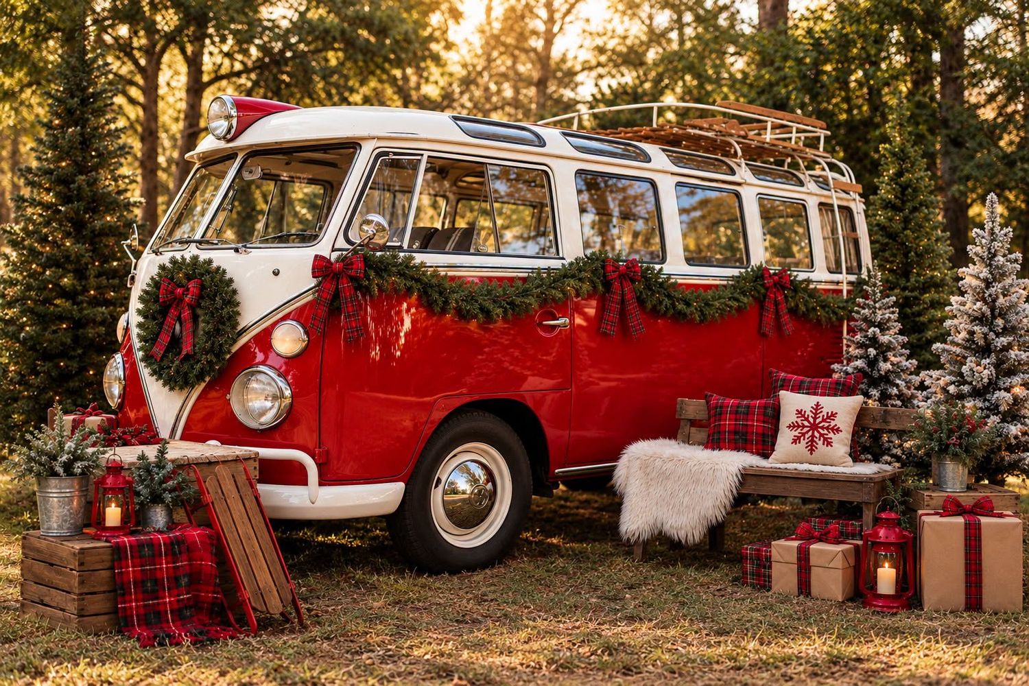 Red and white vintage VW bus decorated with Christmas garland, bows and wreaths, surrounded by gift boxes, plaid blankets and snowy trees.