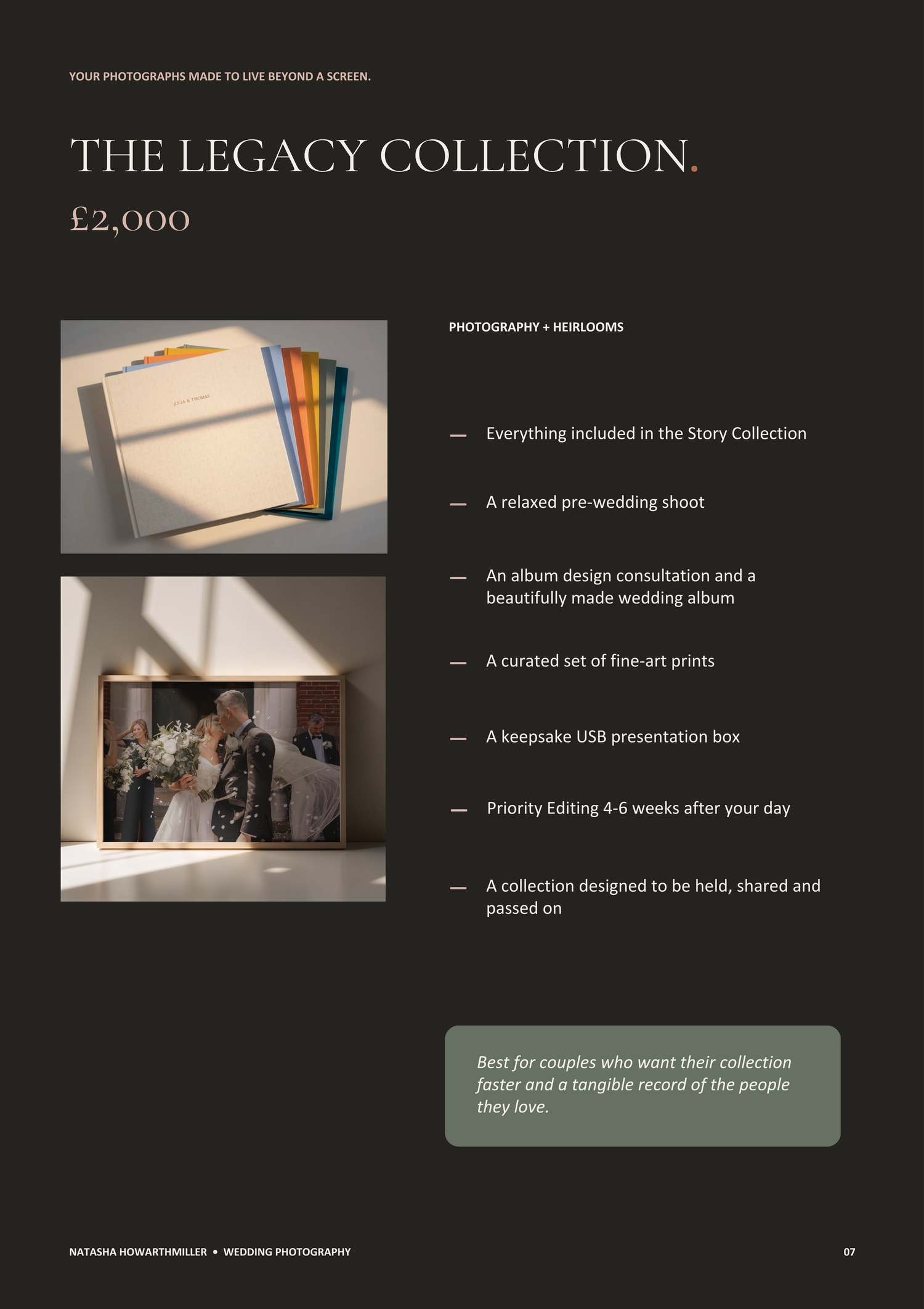Elegant wedding photography Legacy Collection package showcasing fine-art prints, album, and USB box for £2,000.