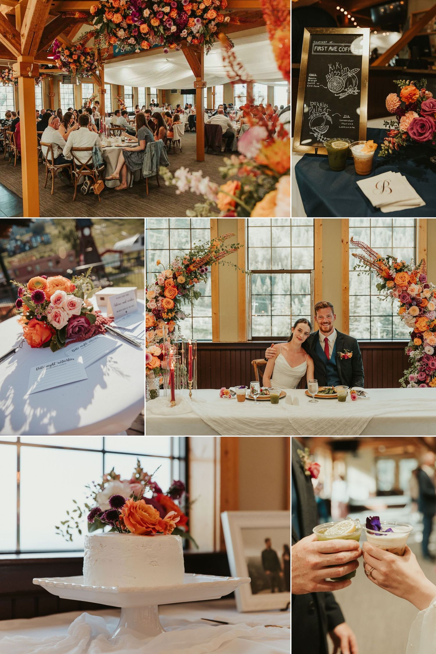 North Idaho wedding photography with scenic Schweitzer Mountain views indoor reception with colorful florals and custom coffee drinks
