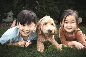 Two smiling Asian children lying on grass with a fluffy golden doodle puppy in a park setting.