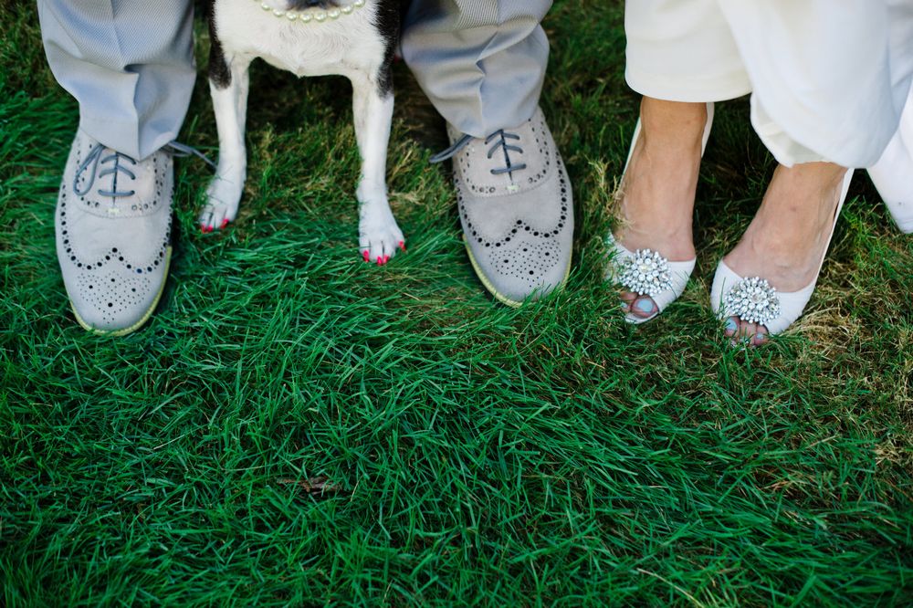 Couple and dog standing on green grass wearing matching gray wingtip oxford shoes at a wedding.