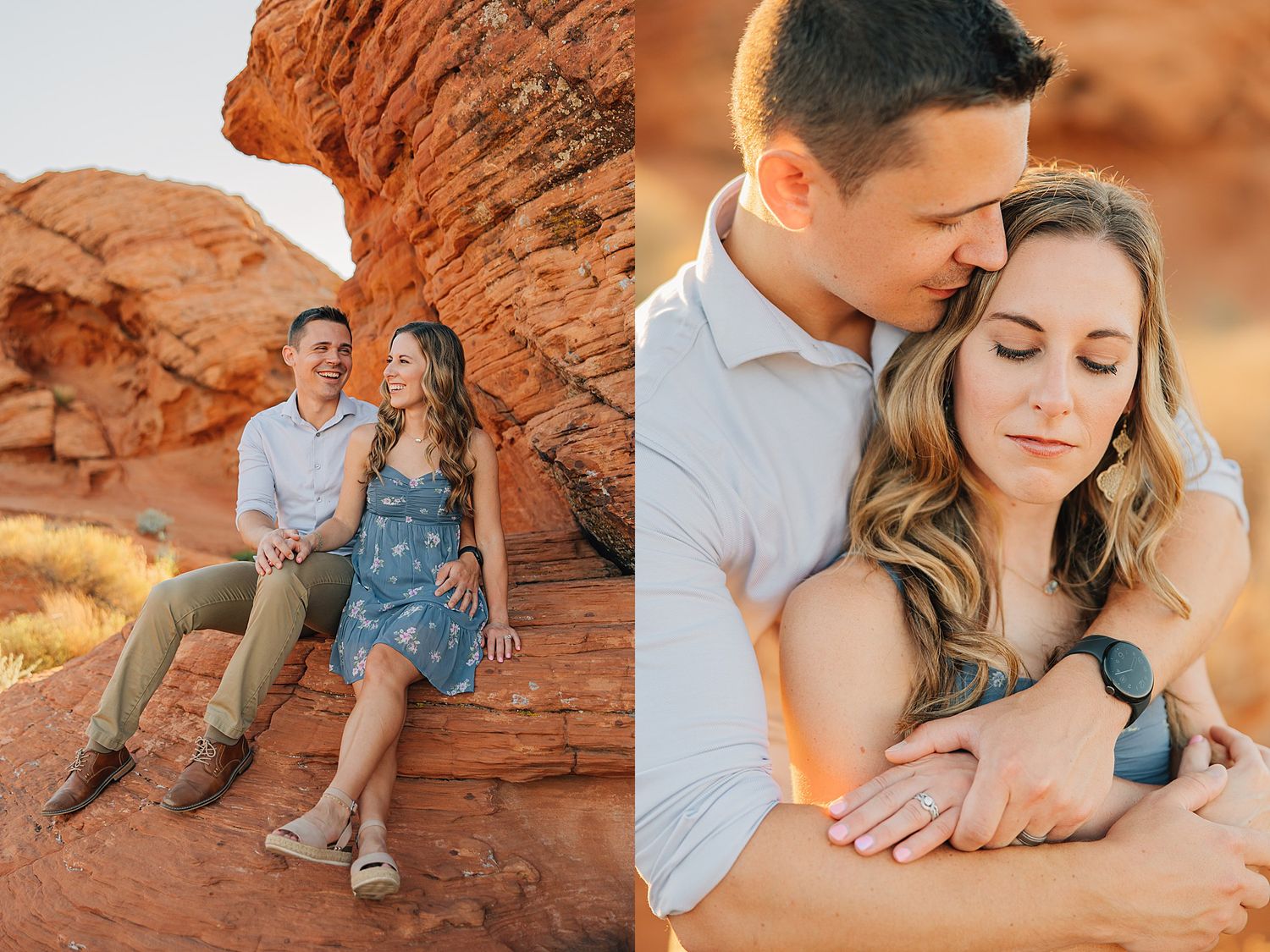 Couple poses on red rock formations in a desert landscape, wearing casual attire for an outdoor engagement photo session.