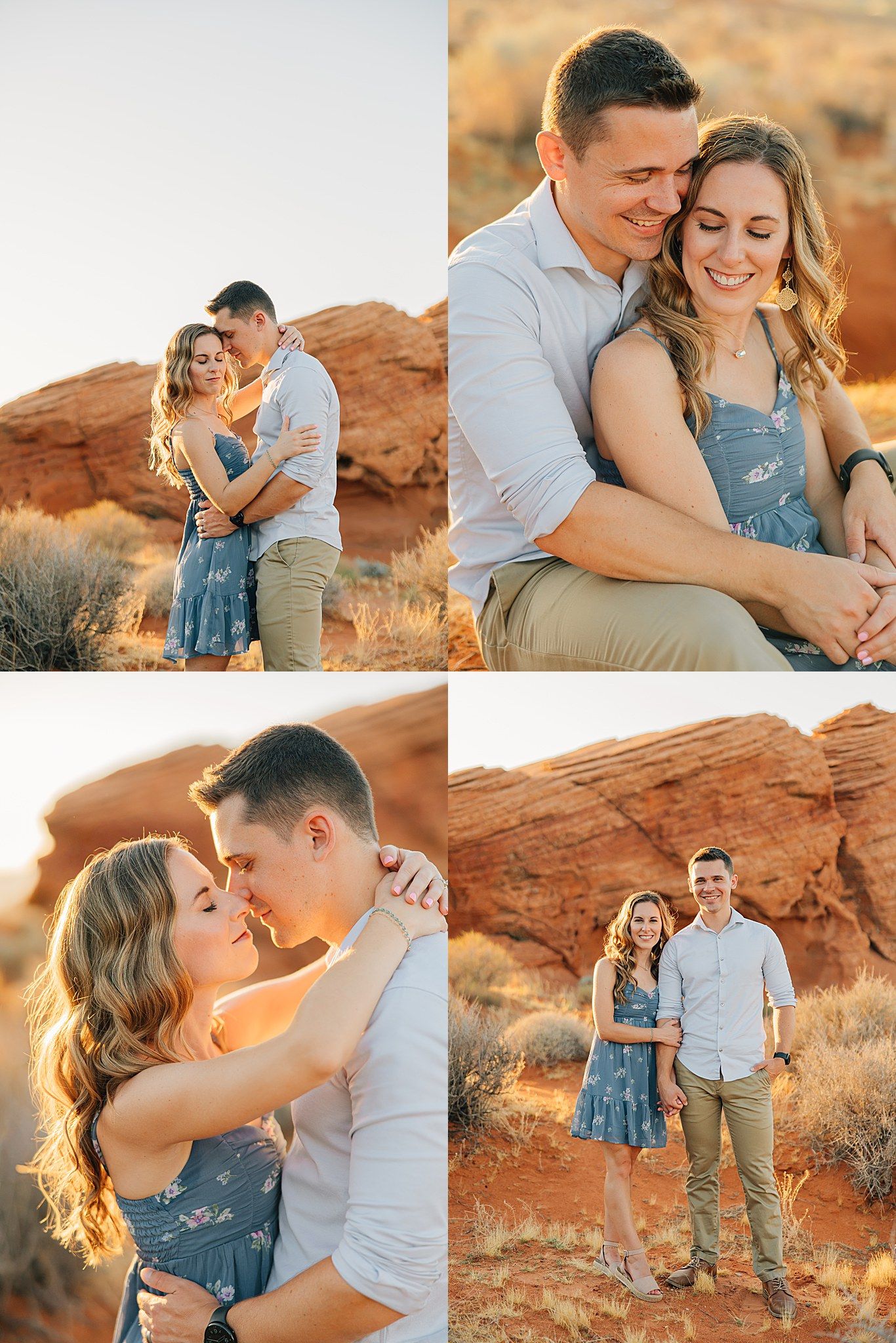 Couple embracing at golden hour among red rock formations in the desert, wearing casual blue and khaki outfits.