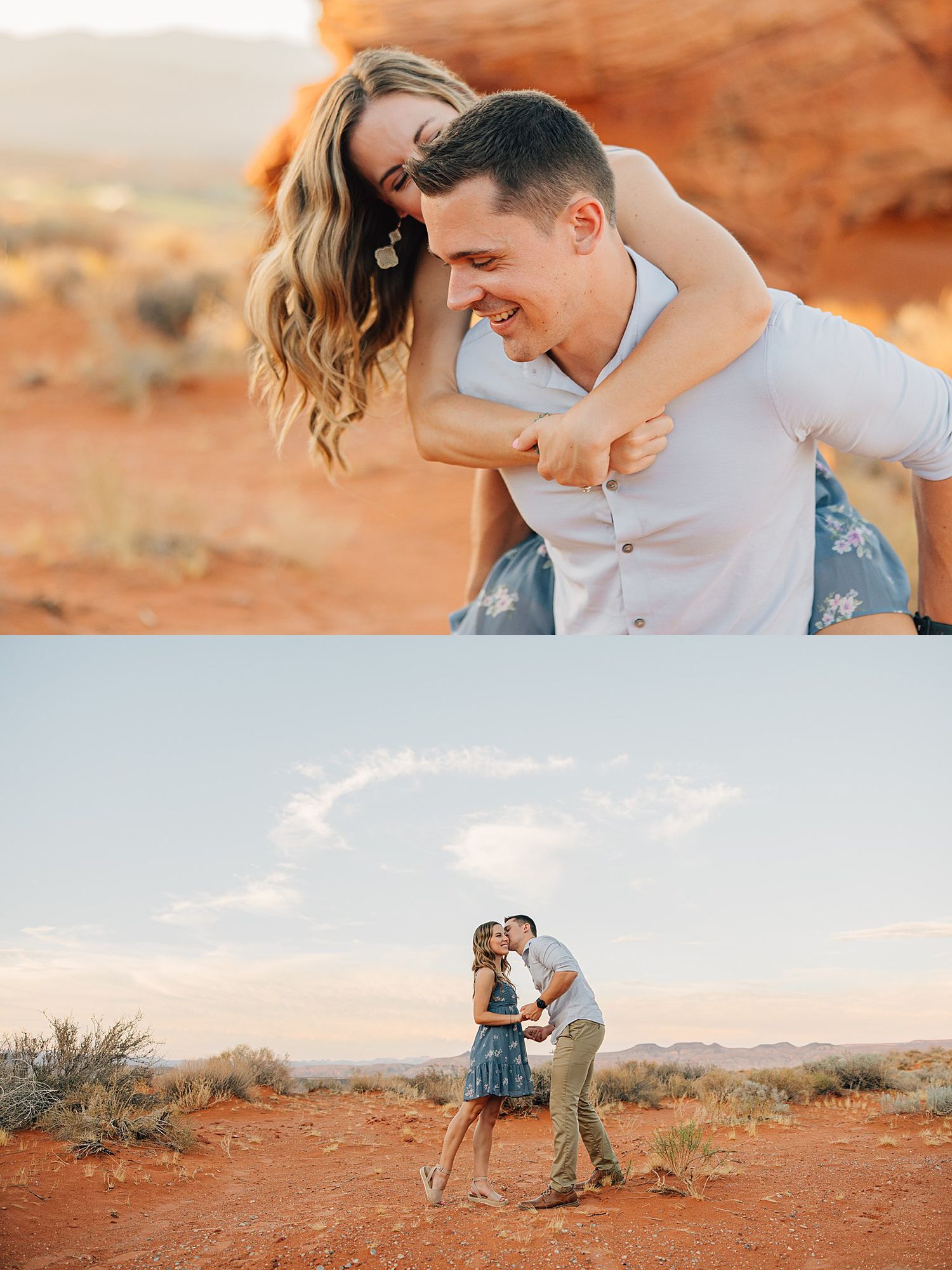 Couple laughing during desert engagement photos with red rock formations in St. George Utah at golden hour.