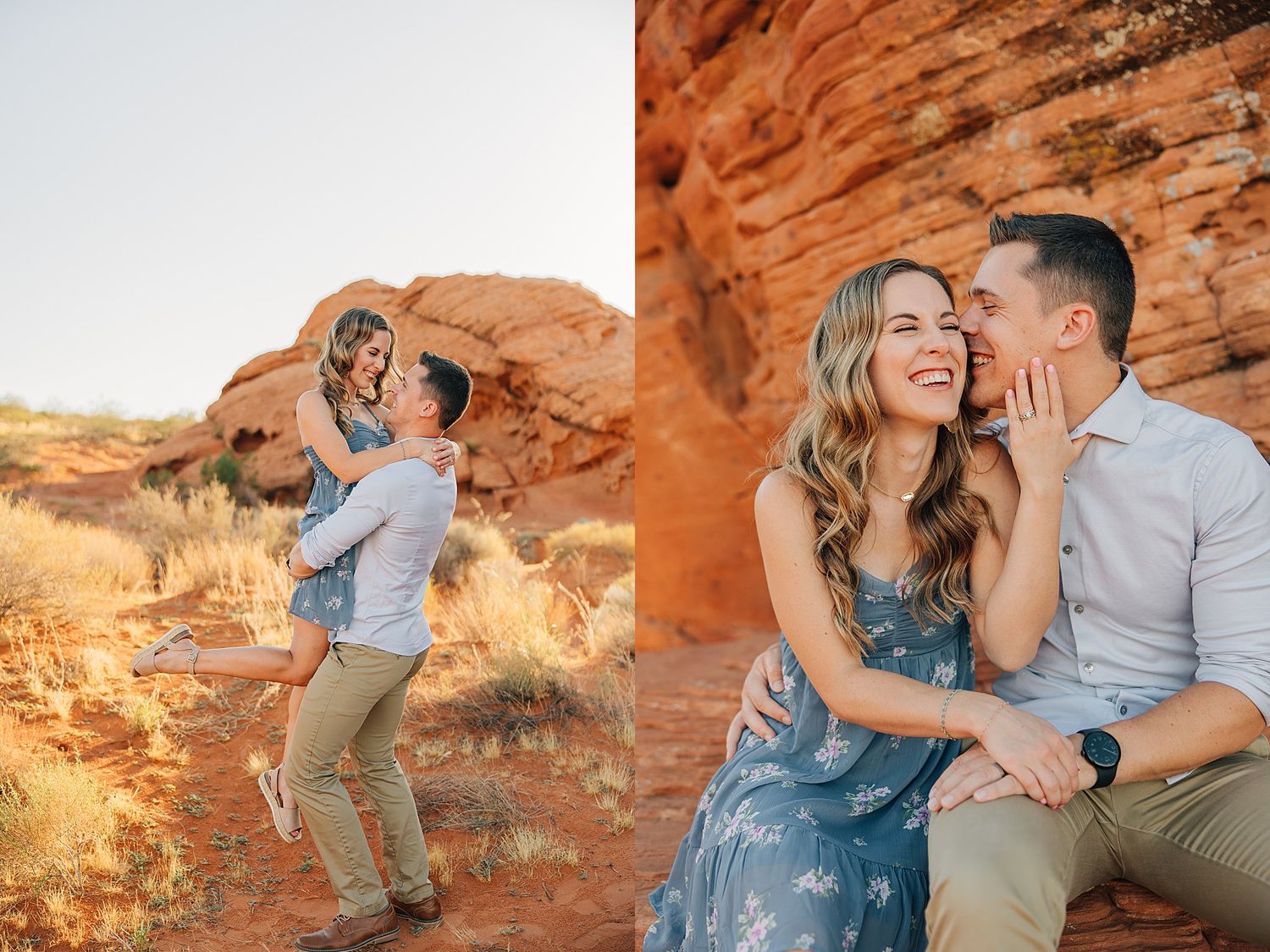 Couple embracing and laughing among red rock formations in a sun-drenched desert landscape during an engagement photo session.