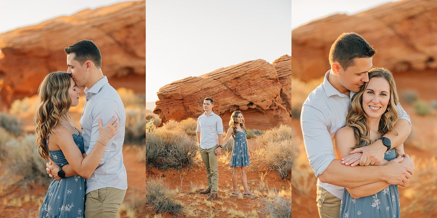 Couple embraces romantically among red rock desert landscape during golden hour engagement photo session.