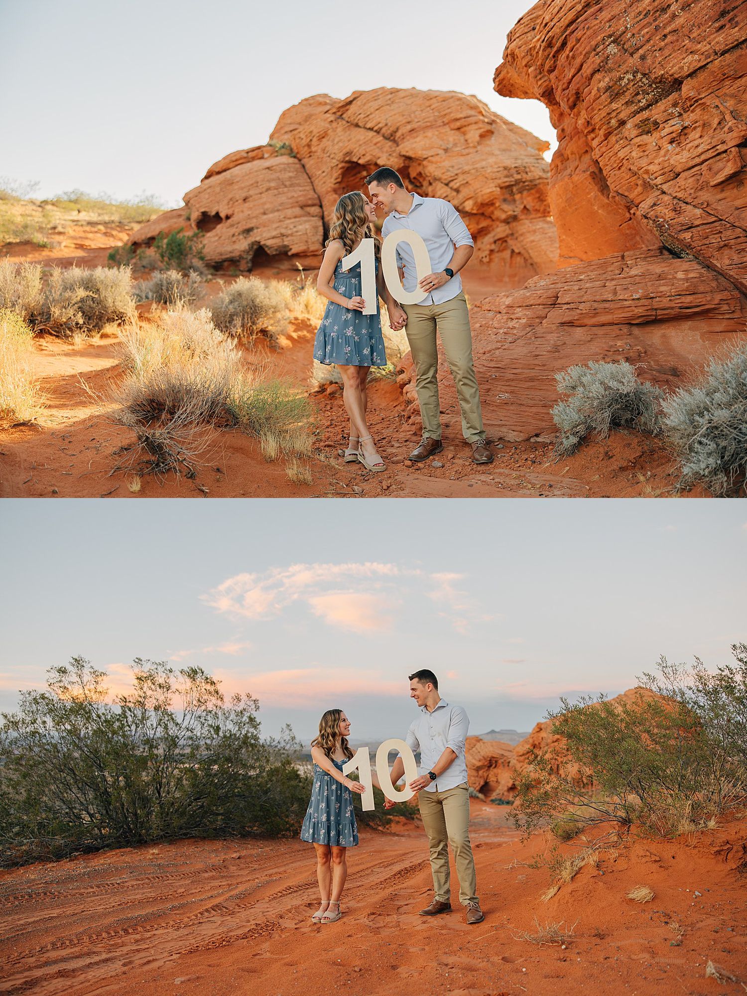 Couple holding a number 10 sign among red rock formations in the desert during golden hour.