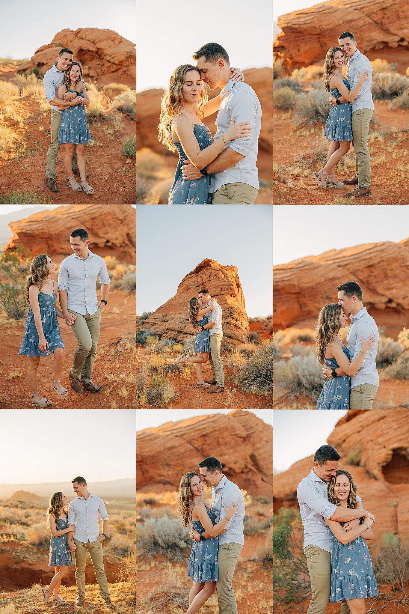 Couple embracing among red rock formations in the desert during golden hour engagement photo session.