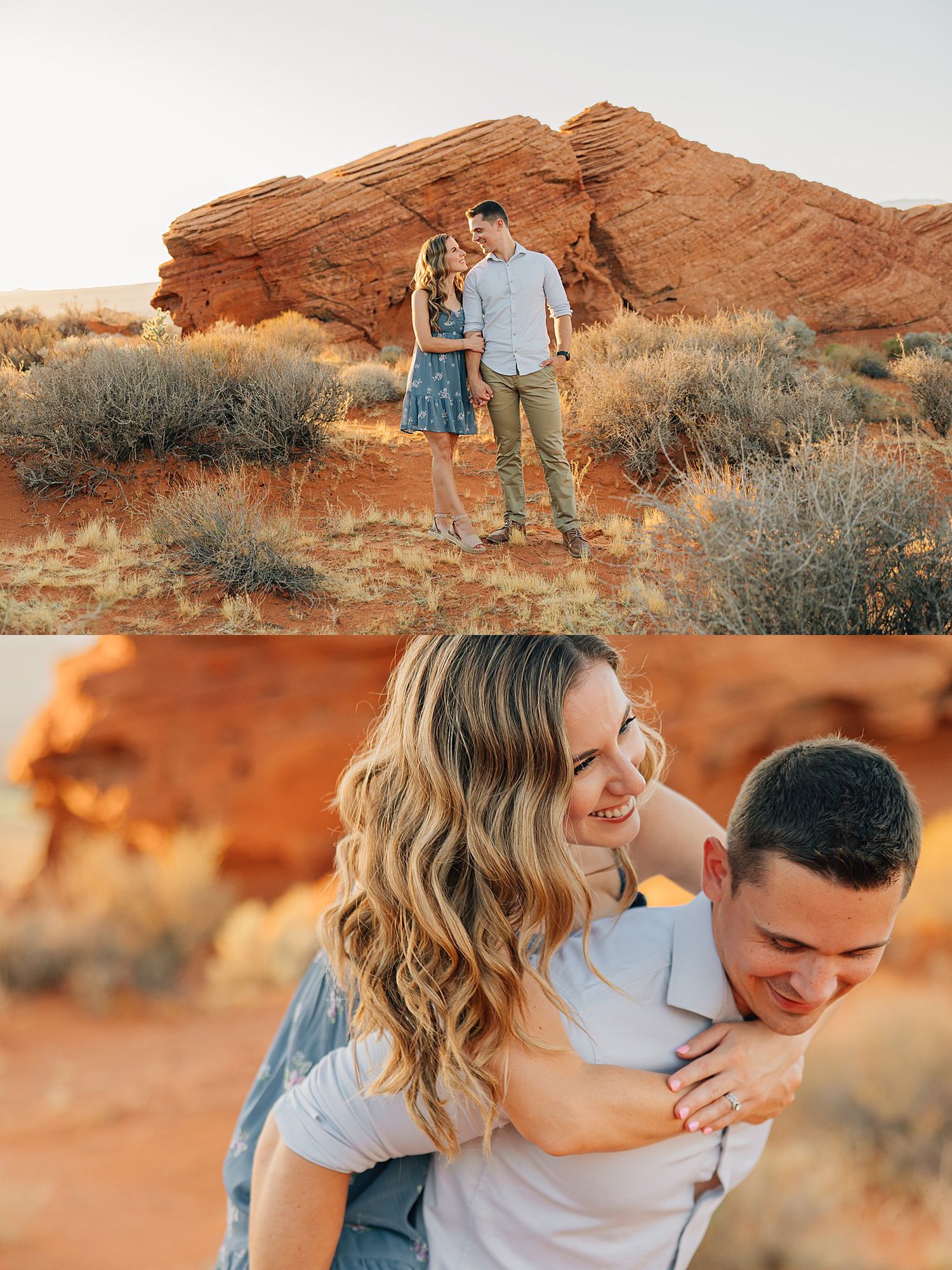 Couple embracing near red rock formations in a desert landscape during golden hour engagement photo session.