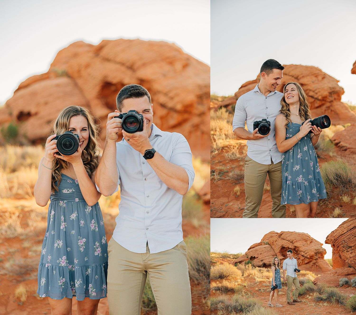 Couple holding cameras in red rock desert landscape, wearing casual blue and tan outfits, posing for engagement photos.