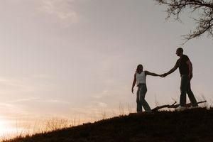 Silhouette of a couple holding hands on a hill at sunset with a bare tree in the background.
