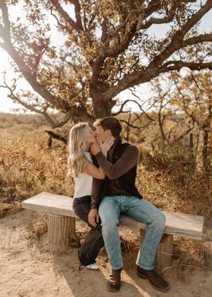 Couple sharing a romantic kiss on a rustic wooden bench surrounded by autumn foliage and a gnarled tree.