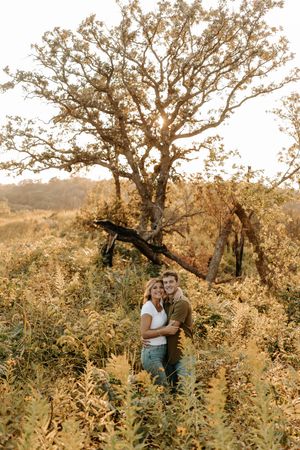 Couple embracing in golden autumn field with sunlit oak tree backdrop.