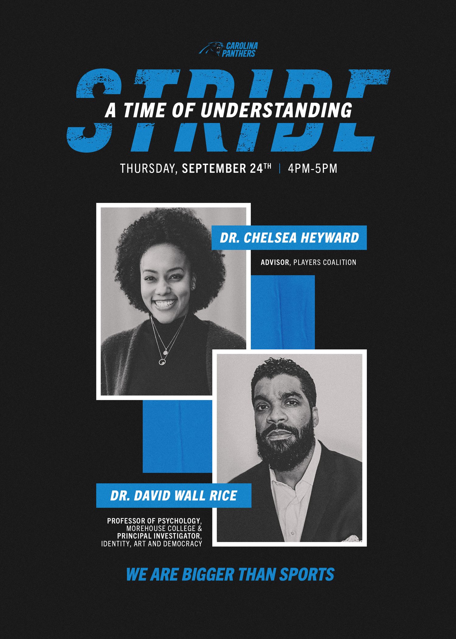 Carolina Panthers STRIDE event flyer featuring Dr. Chelsea Heyward and Dr. David Wall Rice, scheduled for September 24th, 4-5PM.