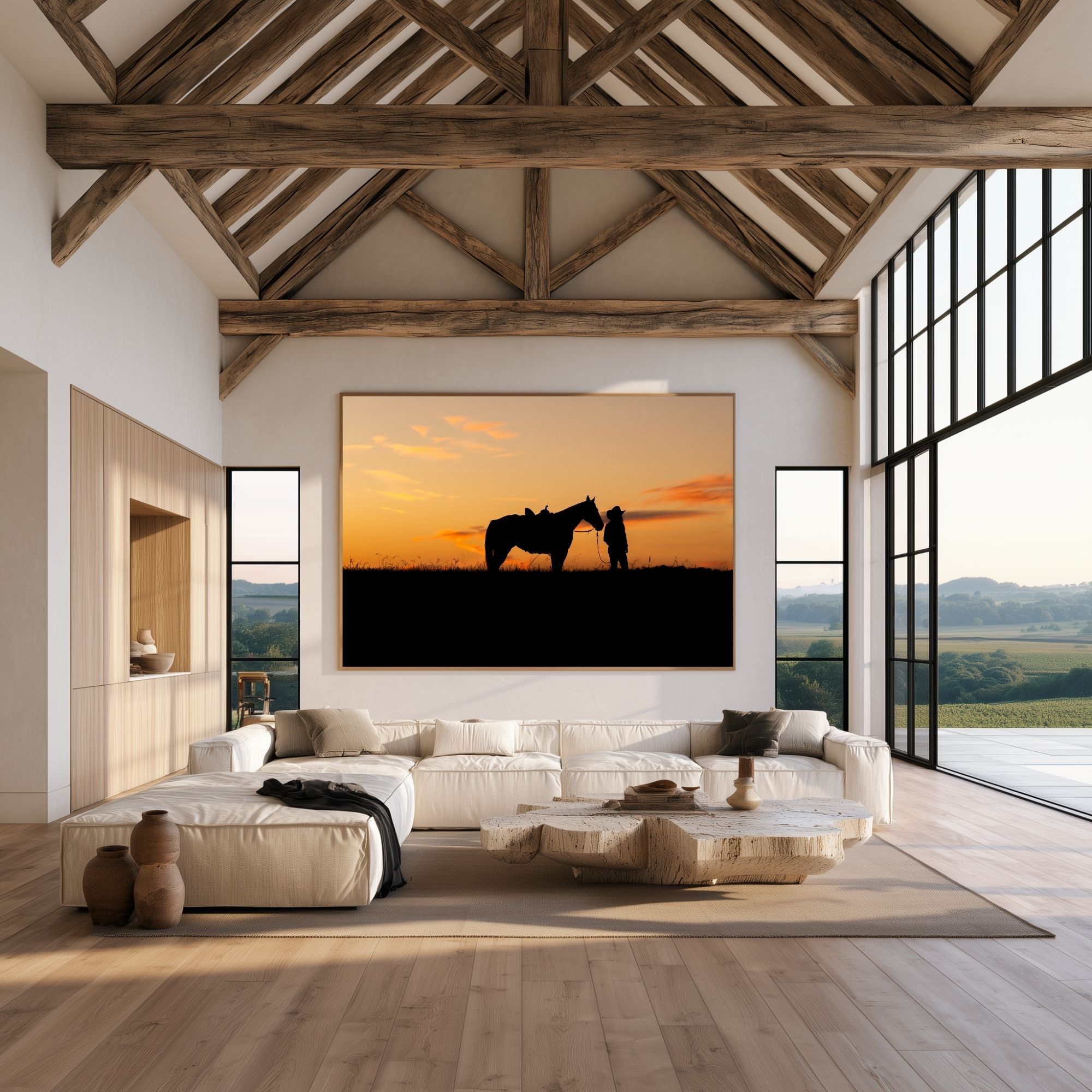 Large framed horse silhouette sunset canvas art displayed in a modern farmhouse living room with vaulted wood beam ceilings.