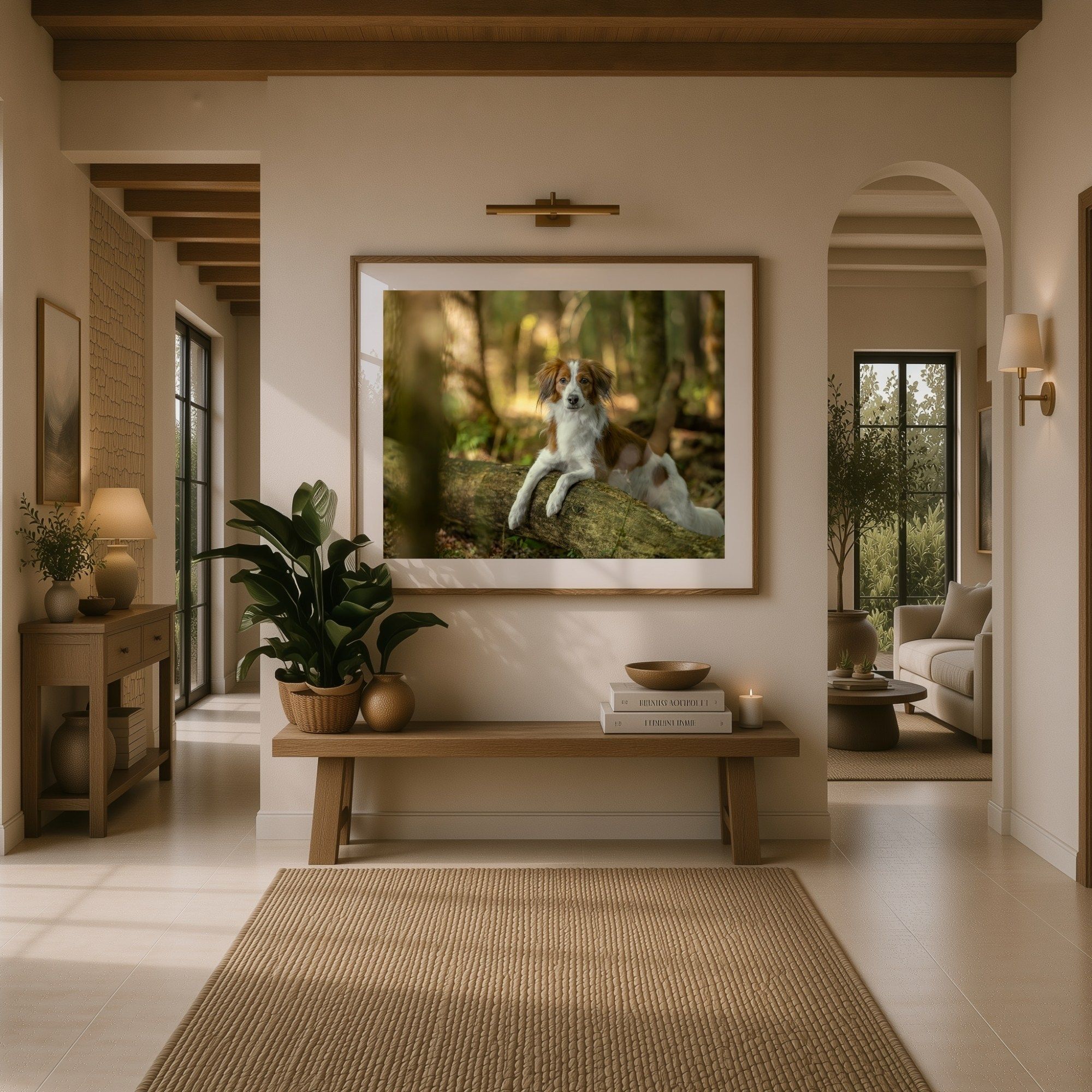 Bright entryway with framed dog art, wooden bench, potted plants, and woven rug in a warm neutral home.