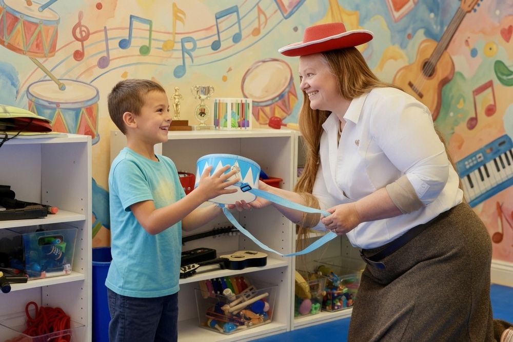 A teacher in a red hat hands a blue bowl to a young boy in a colorful music-themed classroom.