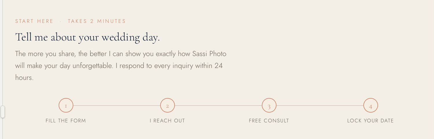 Wedding photography inquiry form showing a simple 4-step process to book Saasi Photo for your special day.