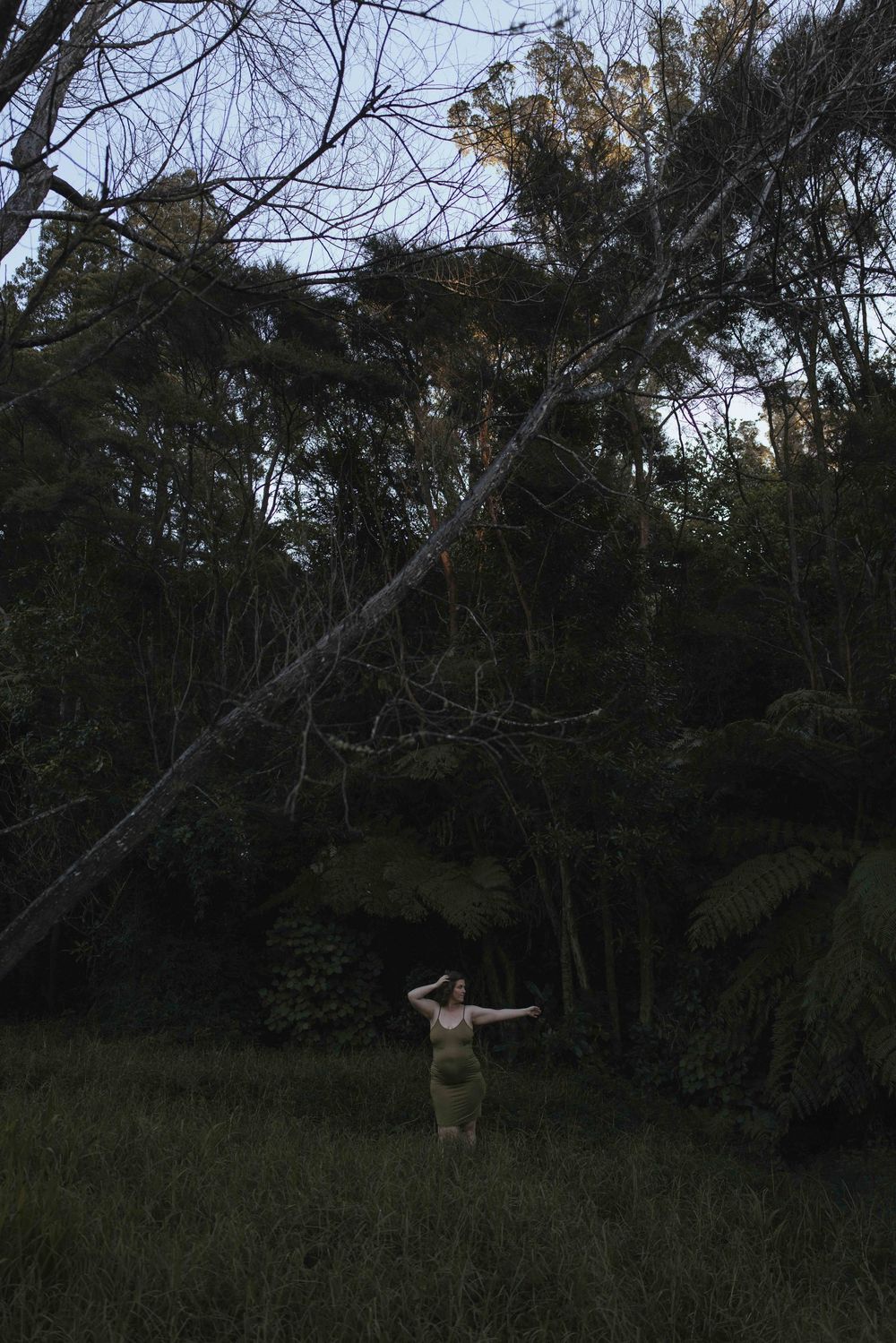 Person standing in a dark forest clearing with arms outstretched, surrounded by tall trees and ferns at dusk.