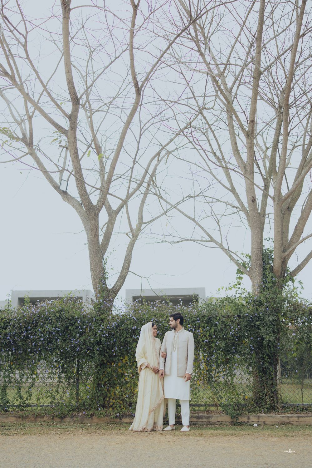 A couple in traditional South Asian attire stands together outdoors, framed by bare trees and a green hedge backdrop.
